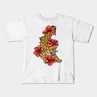 Jaguar With Jungle Flowers Kids T-Shirt